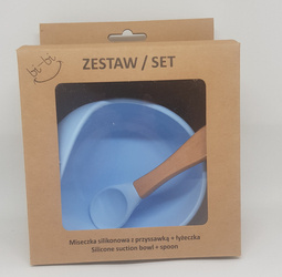 bi-bi, zestaw w kartoniku: miseczka silikonowa z przyssawką + łyżeczka - niebieska